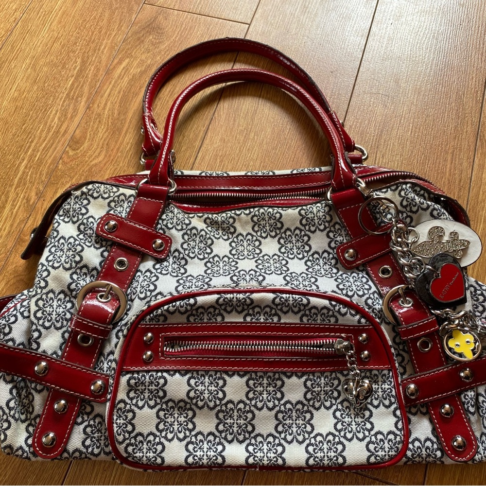 Kathy Van Zeeland Vintage Red and White Patterned Purse - with charms